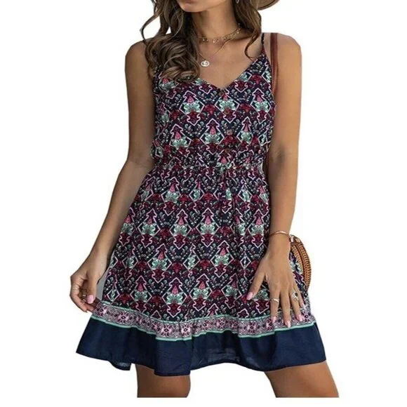 Summer Flower Printed V-Neck Sleeveless Ruffled Dress Buttons Size S - Picture 5 of 5